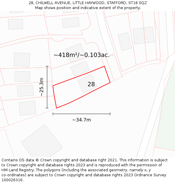 28, CHILWELL AVENUE, LITTLE HAYWOOD, STAFFORD, ST18 0QZ: Plot and title map