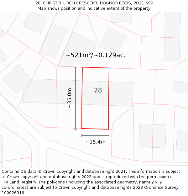 28, CHRISTCHURCH CRESCENT, BOGNOR REGIS, PO21 5SP: Plot and title map