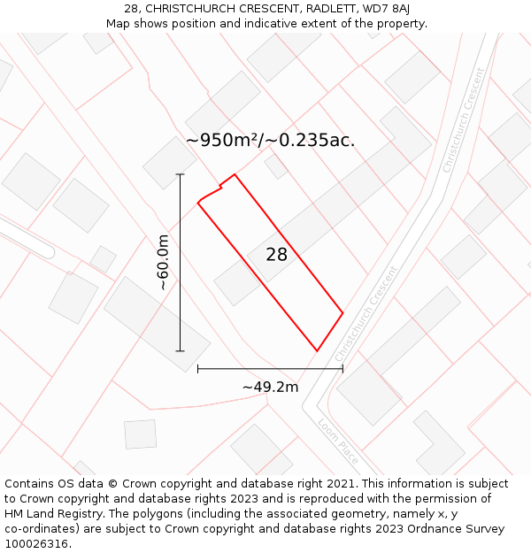 28, CHRISTCHURCH CRESCENT, RADLETT, WD7 8AJ: Plot and title map