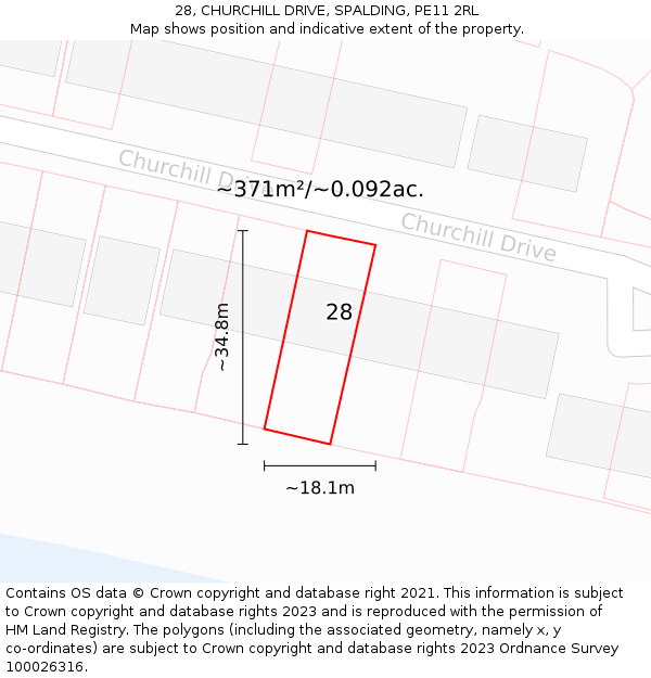 28, CHURCHILL DRIVE, SPALDING, PE11 2RL: Plot and title map