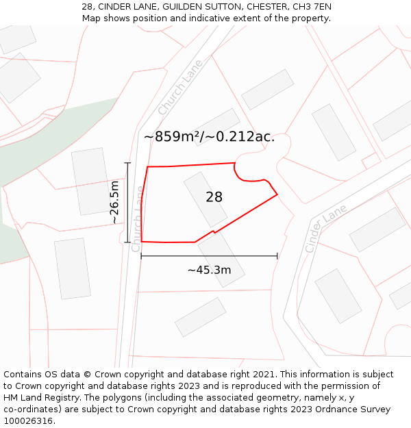 28, CINDER LANE, GUILDEN SUTTON, CHESTER, CH3 7EN: Plot and title map