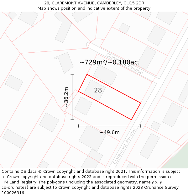 28, CLAREMONT AVENUE, CAMBERLEY, GU15 2DR: Plot and title map