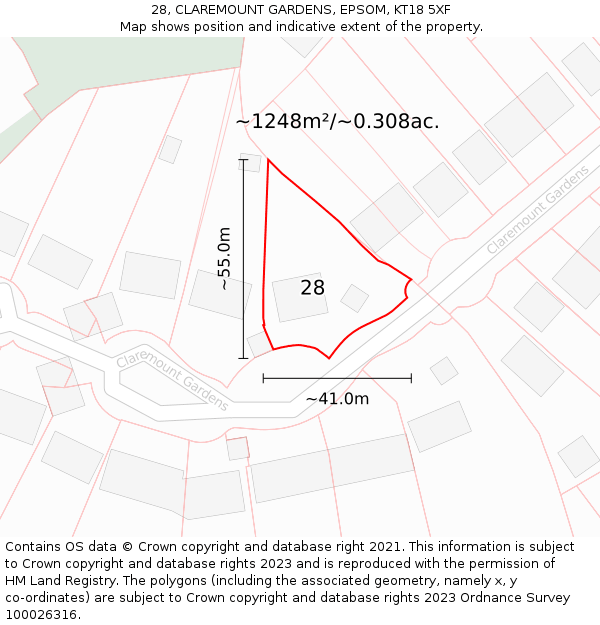 28, CLAREMOUNT GARDENS, EPSOM, KT18 5XF: Plot and title map