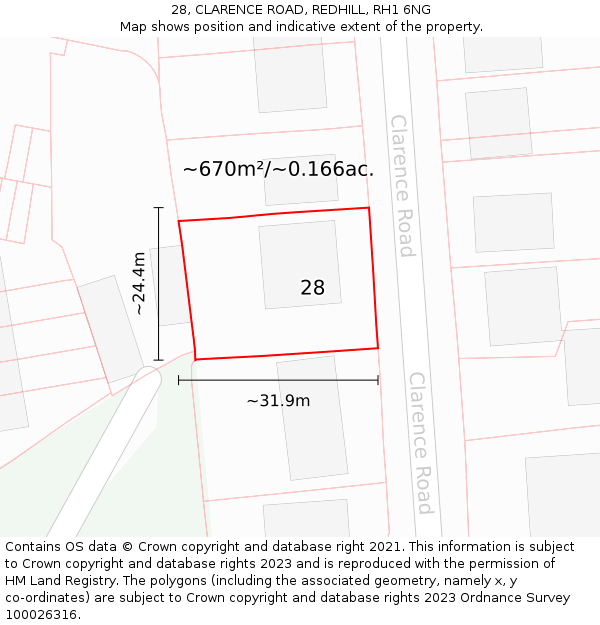 28, CLARENCE ROAD, REDHILL, RH1 6NG: Plot and title map