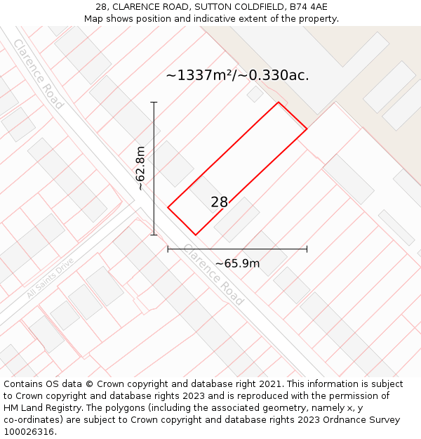 28, CLARENCE ROAD, SUTTON COLDFIELD, B74 4AE: Plot and title map