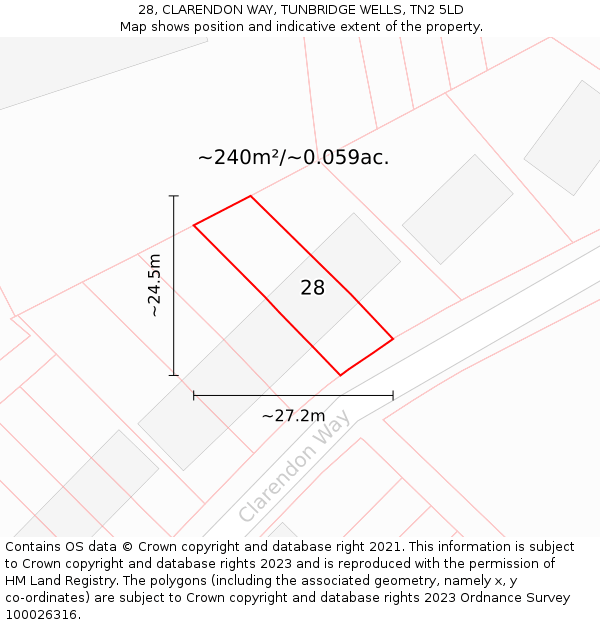 28, CLARENDON WAY, TUNBRIDGE WELLS, TN2 5LD: Plot and title map