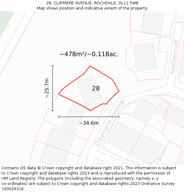 28, CLAYMERE AVENUE, ROCHDALE, OL11 5WB: Plot and title map