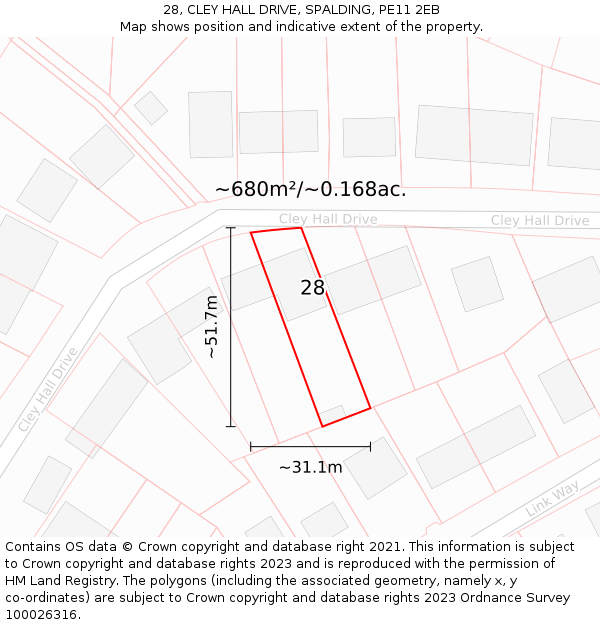 28, CLEY HALL DRIVE, SPALDING, PE11 2EB: Plot and title map