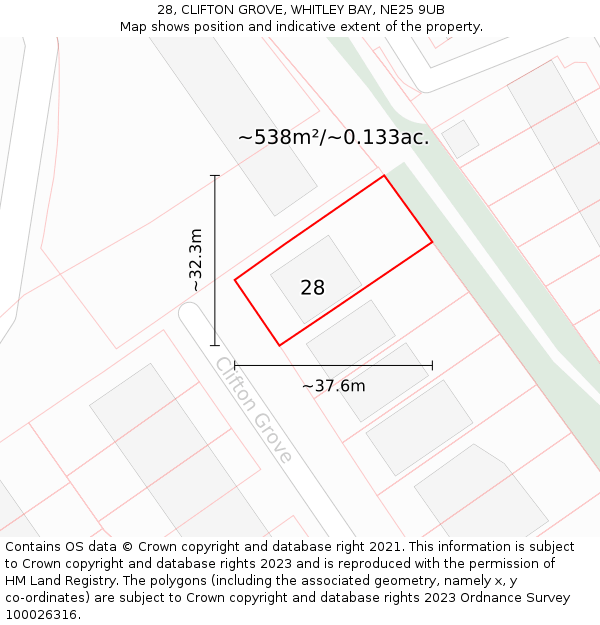 28, CLIFTON GROVE, WHITLEY BAY, NE25 9UB: Plot and title map