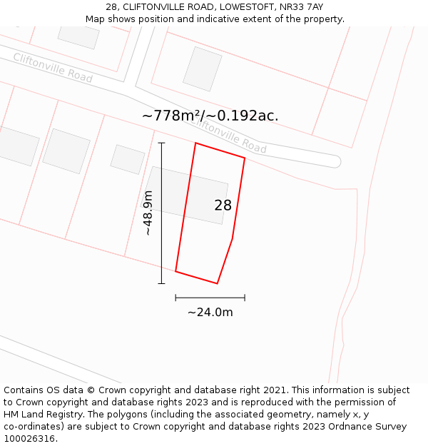 28, CLIFTONVILLE ROAD, LOWESTOFT, NR33 7AY: Plot and title map