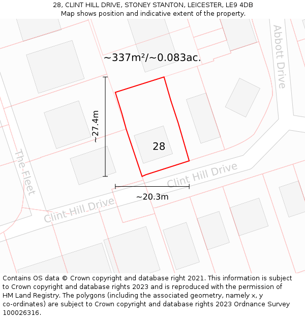 28, CLINT HILL DRIVE, STONEY STANTON, LEICESTER, LE9 4DB: Plot and title map