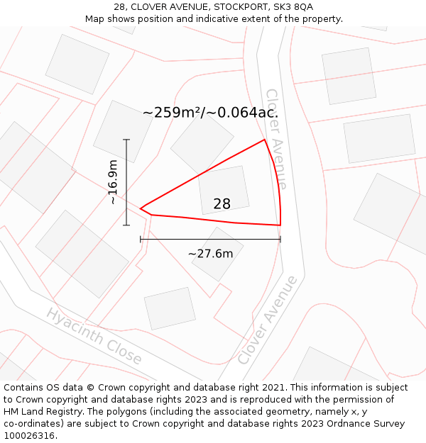 28, CLOVER AVENUE, STOCKPORT, SK3 8QA: Plot and title map
