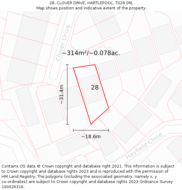 28, CLOVER DRIVE, HARTLEPOOL, TS26 0RL: Plot and title map