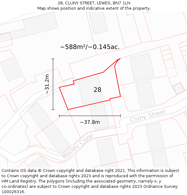 28, CLUNY STREET, LEWES, BN7 1LN: Plot and title map