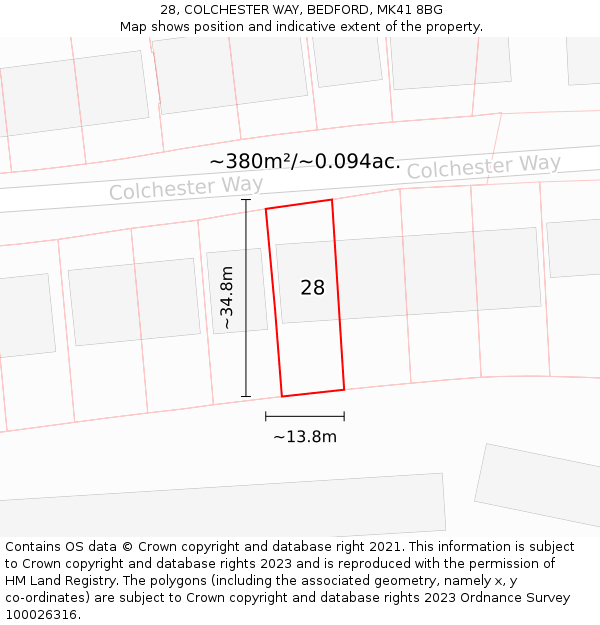 28, COLCHESTER WAY, BEDFORD, MK41 8BG: Plot and title map