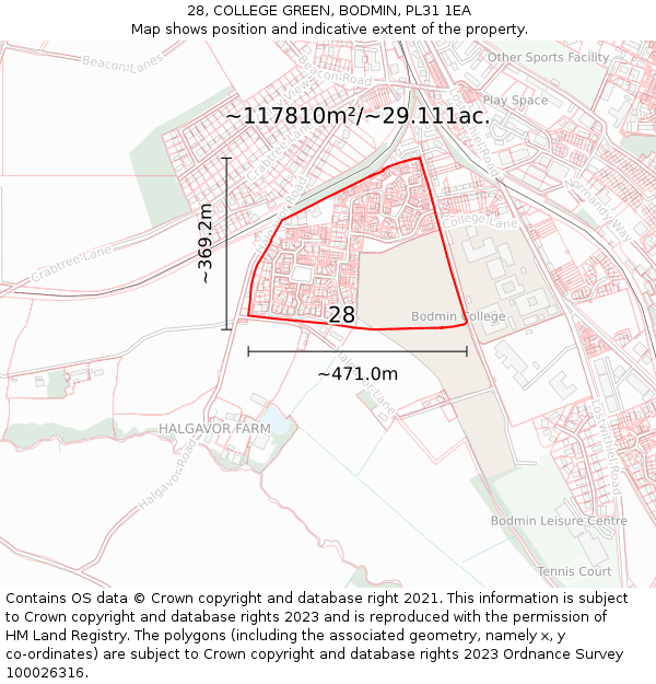 28, COLLEGE GREEN, BODMIN, PL31 1EA: Plot and title map