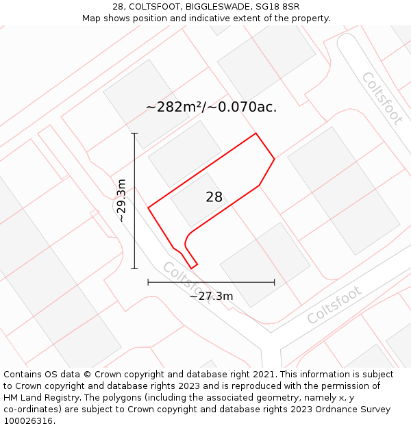 28, COLTSFOOT, BIGGLESWADE, SG18 8SR: Plot and title map