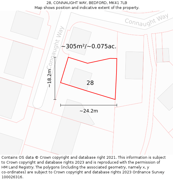 28, CONNAUGHT WAY, BEDFORD, MK41 7LB: Plot and title map