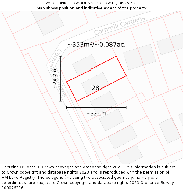 28, CORNMILL GARDENS, POLEGATE, BN26 5NL: Plot and title map