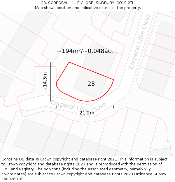 28, CORPORAL LILLIE CLOSE, SUDBURY, CO10 2TL: Plot and title map