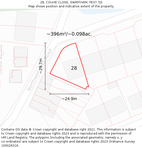 28, COUHE CLOSE, SWAFFHAM, PE37 7JS: Plot and title map