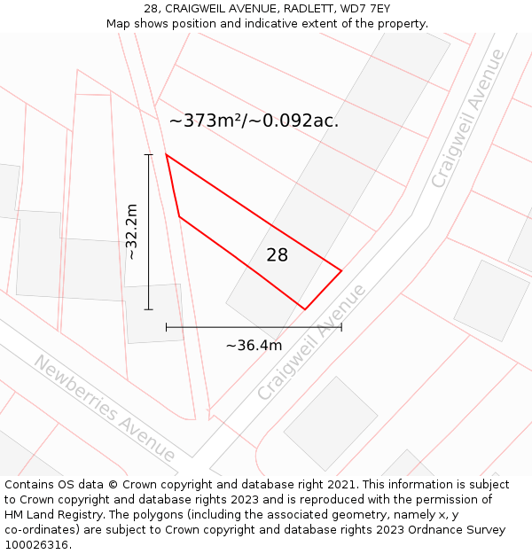 28, CRAIGWEIL AVENUE, RADLETT, WD7 7EY: Plot and title map