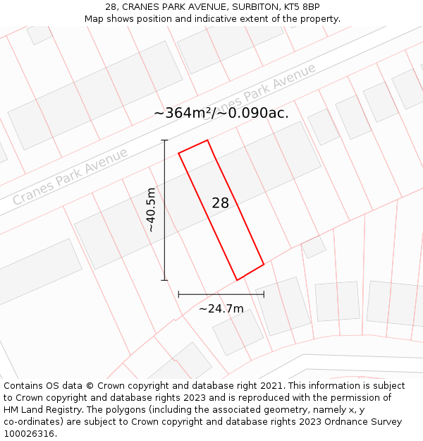 28, CRANES PARK AVENUE, SURBITON, KT5 8BP: Plot and title map