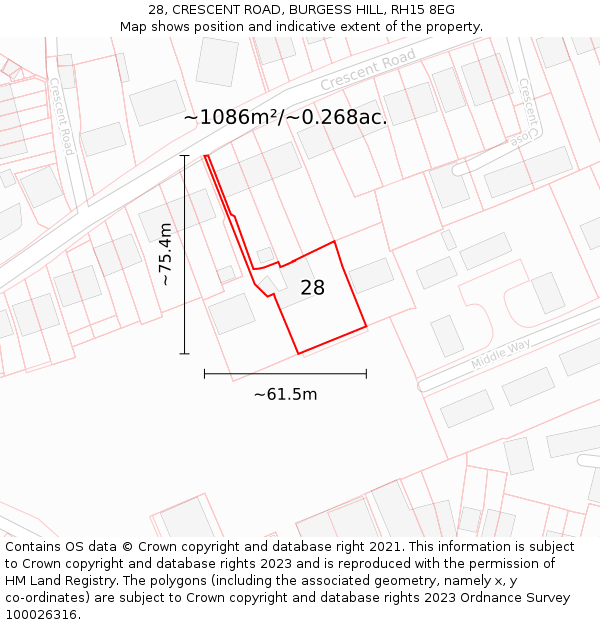 28, CRESCENT ROAD, BURGESS HILL, RH15 8EG: Plot and title map