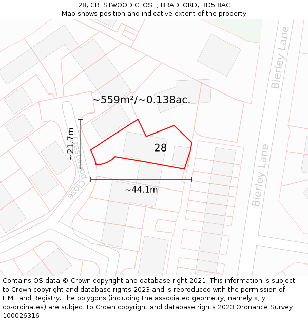 28, CRESTWOOD CLOSE, BRADFORD, BD5 8AG: Plot and title map