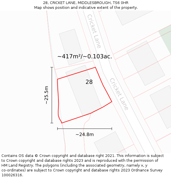 28, CRICKET LANE, MIDDLESBROUGH, TS6 0HR: Plot and title map