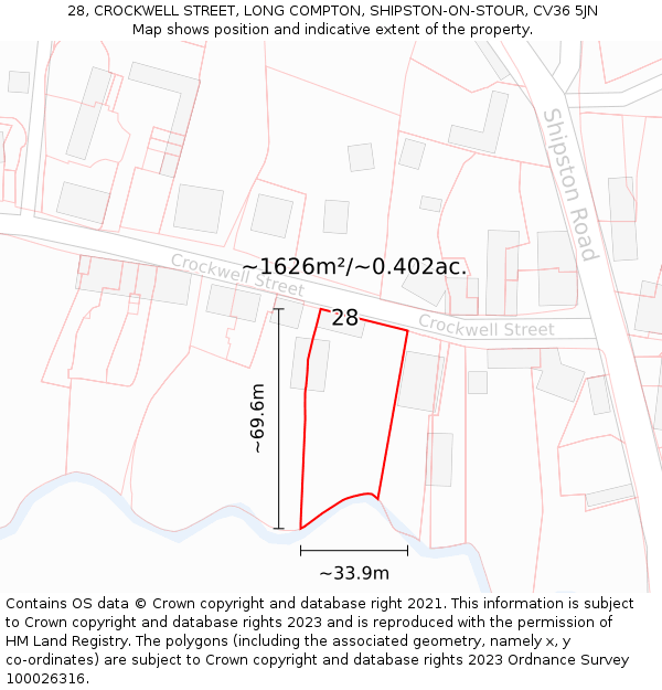 28, CROCKWELL STREET, LONG COMPTON, SHIPSTON-ON-STOUR, CV36 5JN: Plot and title map