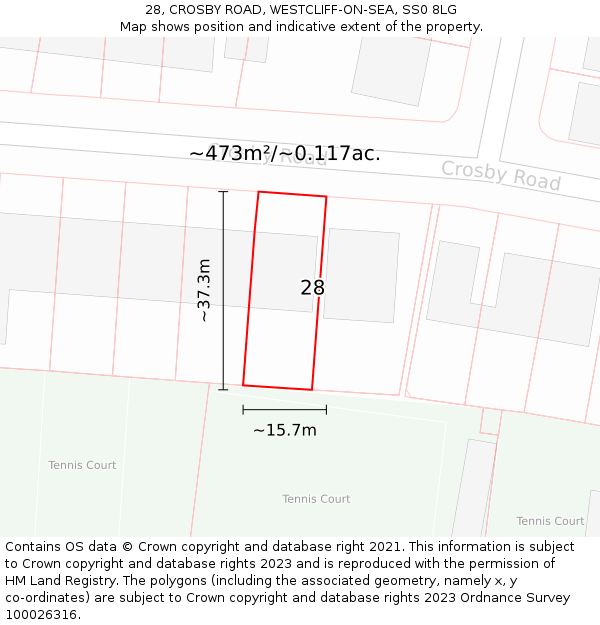 28, CROSBY ROAD, WESTCLIFF-ON-SEA, SS0 8LG: Plot and title map
