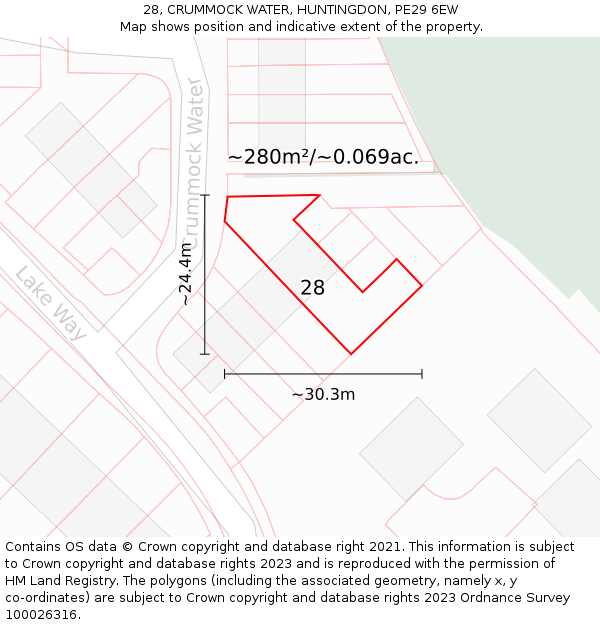 28, CRUMMOCK WATER, HUNTINGDON, PE29 6EW: Plot and title map