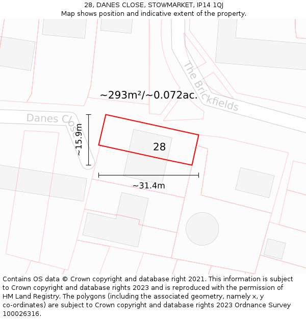 28, DANES CLOSE, STOWMARKET, IP14 1QJ: Plot and title map