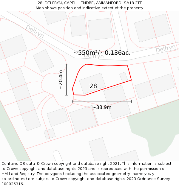 28, DELFRYN, CAPEL HENDRE, AMMANFORD, SA18 3TT: Plot and title map