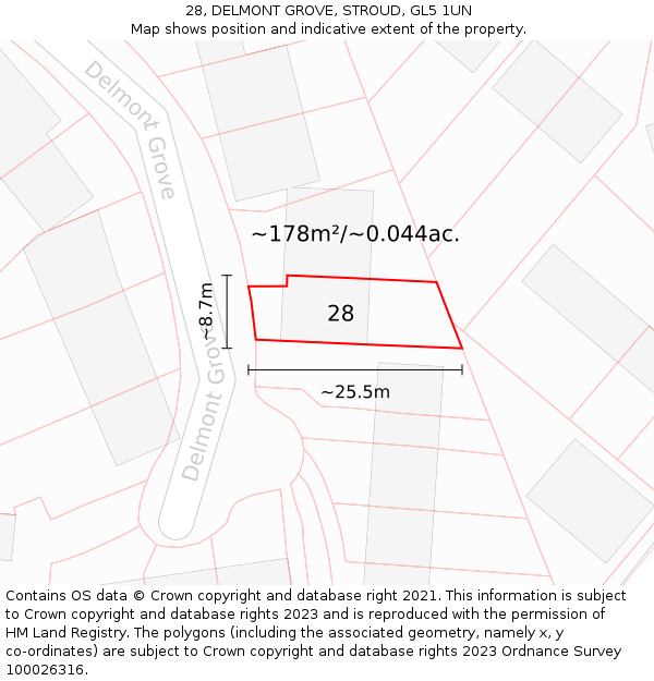 28, DELMONT GROVE, STROUD, GL5 1UN: Plot and title map