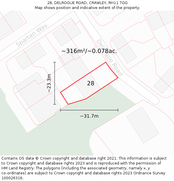 28, DELROGUE ROAD, CRAWLEY, RH11 7GG: Plot and title map