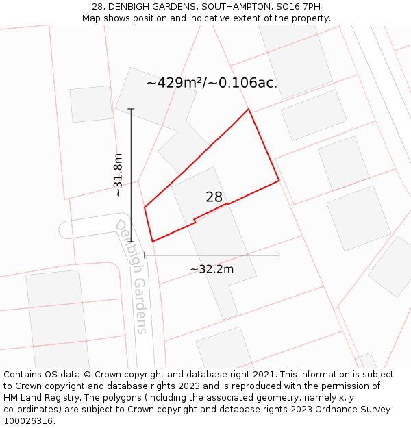 28, DENBIGH GARDENS, SOUTHAMPTON, SO16 7PH: Plot and title map