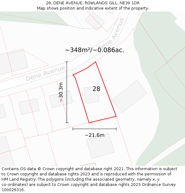 28, DENE AVENUE, ROWLANDS GILL, NE39 1DR: Plot and title map