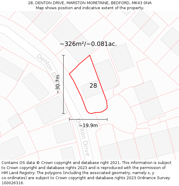 28, DENTON DRIVE, MARSTON MORETAINE, BEDFORD, MK43 0NA: Plot and title map