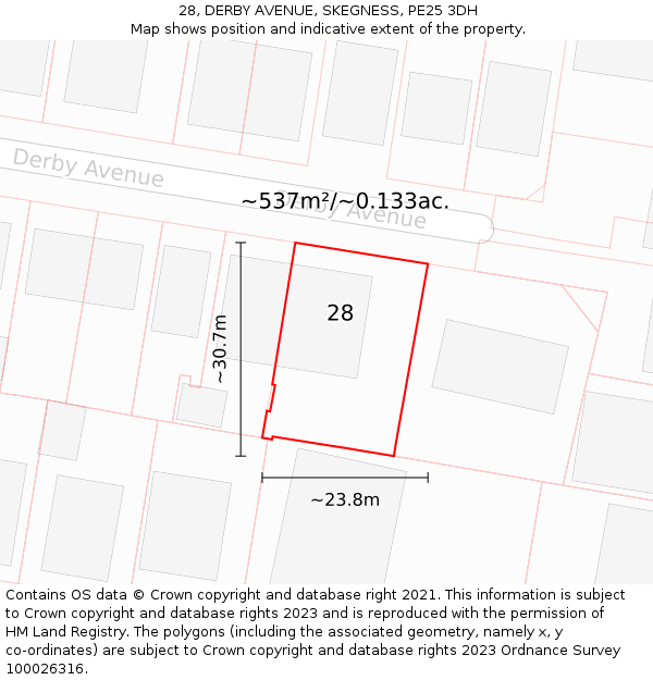 28, DERBY AVENUE, SKEGNESS, PE25 3DH: Plot and title map