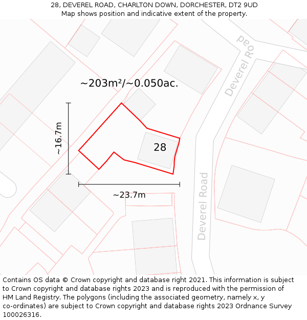 28, DEVEREL ROAD, CHARLTON DOWN, DORCHESTER, DT2 9UD: Plot and title map