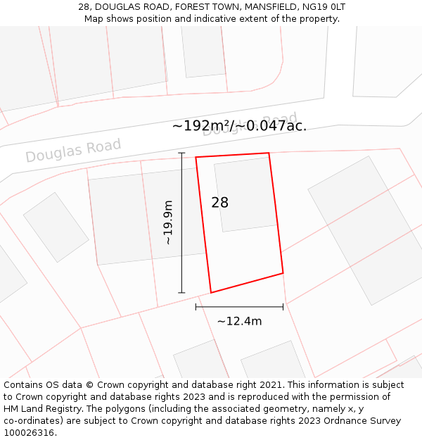 28, DOUGLAS ROAD, FOREST TOWN, MANSFIELD, NG19 0LT: Plot and title map