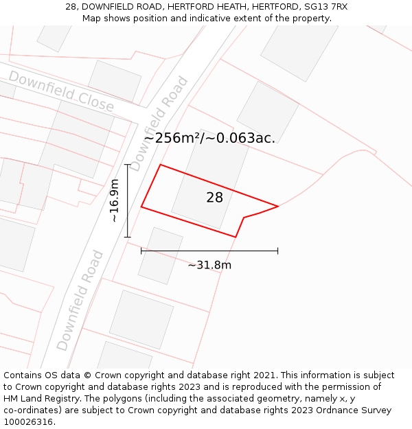 28, DOWNFIELD ROAD, HERTFORD HEATH, HERTFORD, SG13 7RX: Plot and title map