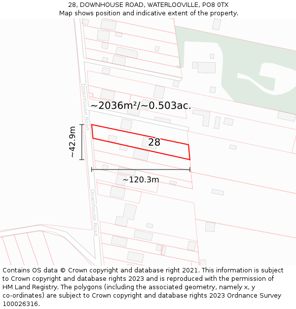 28, DOWNHOUSE ROAD, WATERLOOVILLE, PO8 0TX: Plot and title map