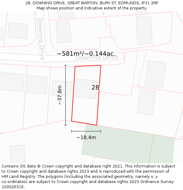 28, DOWNING DRIVE, GREAT BARTON, BURY ST. EDMUNDS, IP31 2RP: Plot and title map