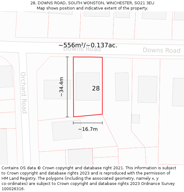 28, DOWNS ROAD, SOUTH WONSTON, WINCHESTER, SO21 3EU: Plot and title map