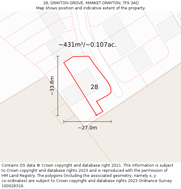 28, DRAYTON GROVE, MARKET DRAYTON, TF9 3AD: Plot and title map