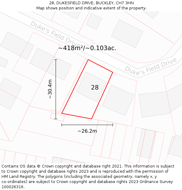28, DUKESFIELD DRIVE, BUCKLEY, CH7 3HN: Plot and title map