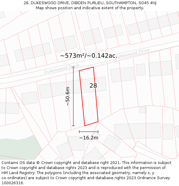 28, DUKESWOOD DRIVE, DIBDEN PURLIEU, SOUTHAMPTON, SO45 4NJ: Plot and title map